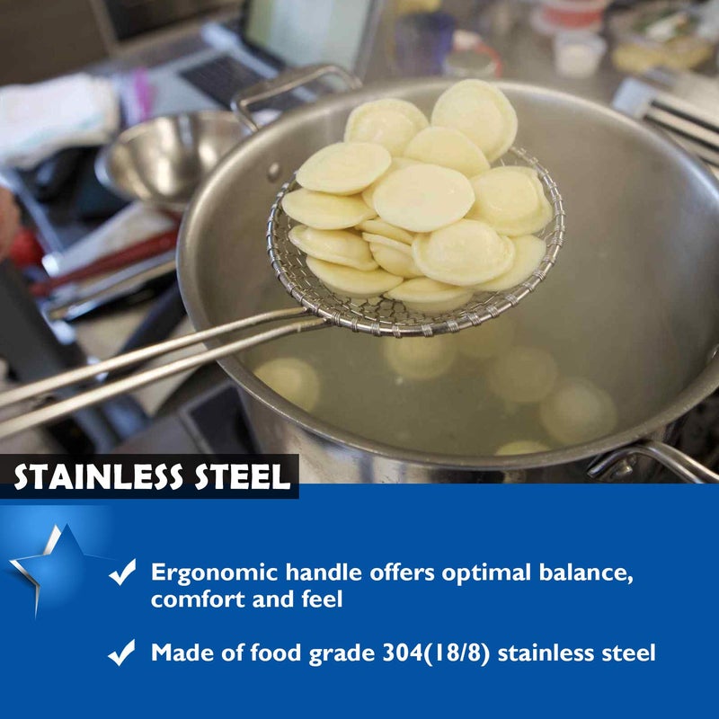 KEISSCO Hicook Stainless Steel Kitchen Spider Strainer Skimmer Ladle Food Dumpling Noodle Strainer for Pasta Spaghetti Noodles and Frying, 7 inches - Image 2